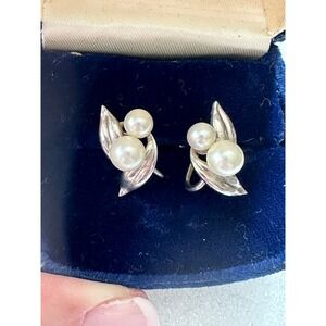 1950's Cultured Pearl & 950 Silver Screwback Earrings